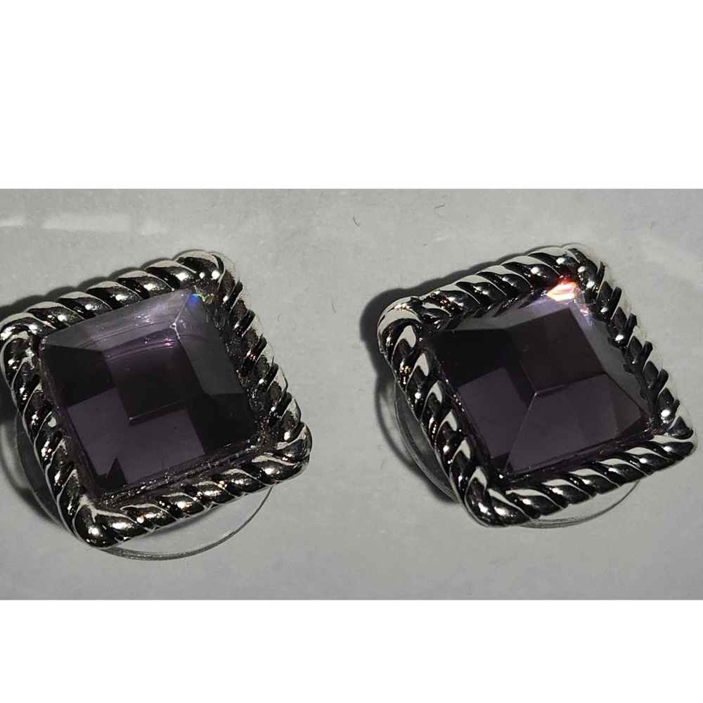 Square Purple Gem Stud Earrings Silver Tone Twisted Rope Border Women - Picture 4 of 4